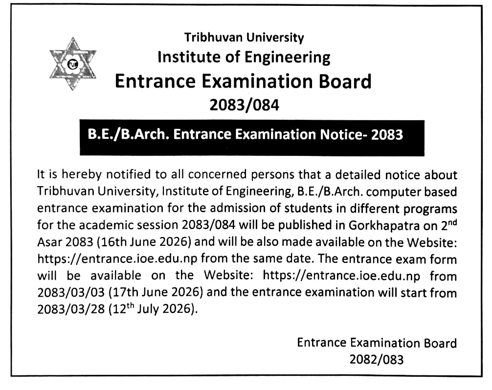 B.E / B. Arch. Entrance Examination Notice 2083 [TU-IOE]